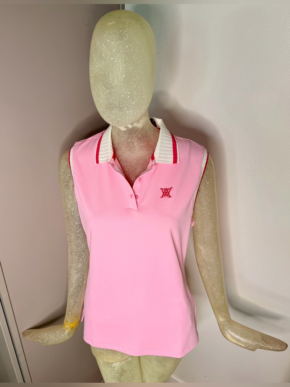 NWT ANEW Golf Light Pink Sleeveless Polo Shirt Striped Collar. Size L